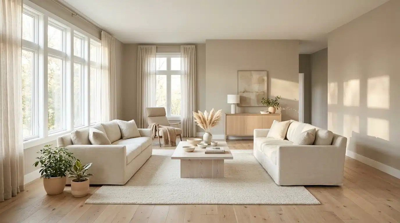 A bright, neutral living room featuring two cream-colored sofas facing each other across a light wood coffee table, illuminated by natural light streaming through large windows