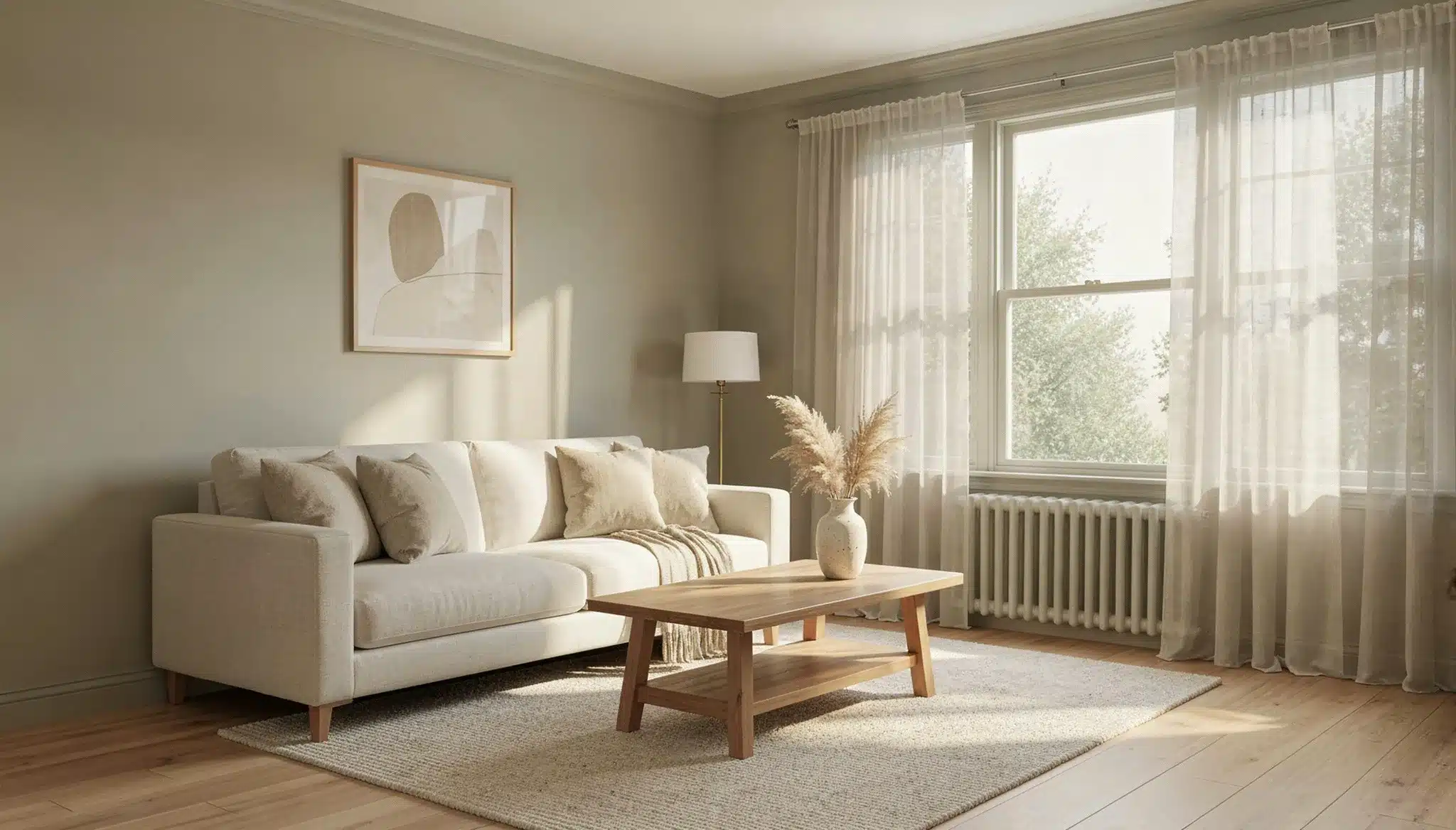 A bright, neutrally toned living room featuring a cream sofa, a wooden coffee table, sheer white curtains, and natural light filtering through a large window.