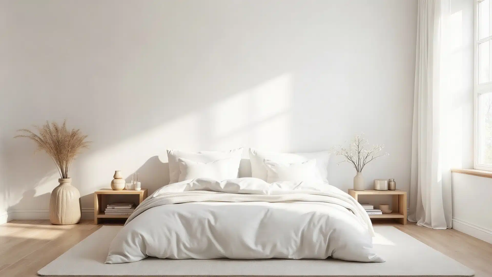 A bright white bedroom featuring a neatly made bed and a large window letting in natural light (1) (1)