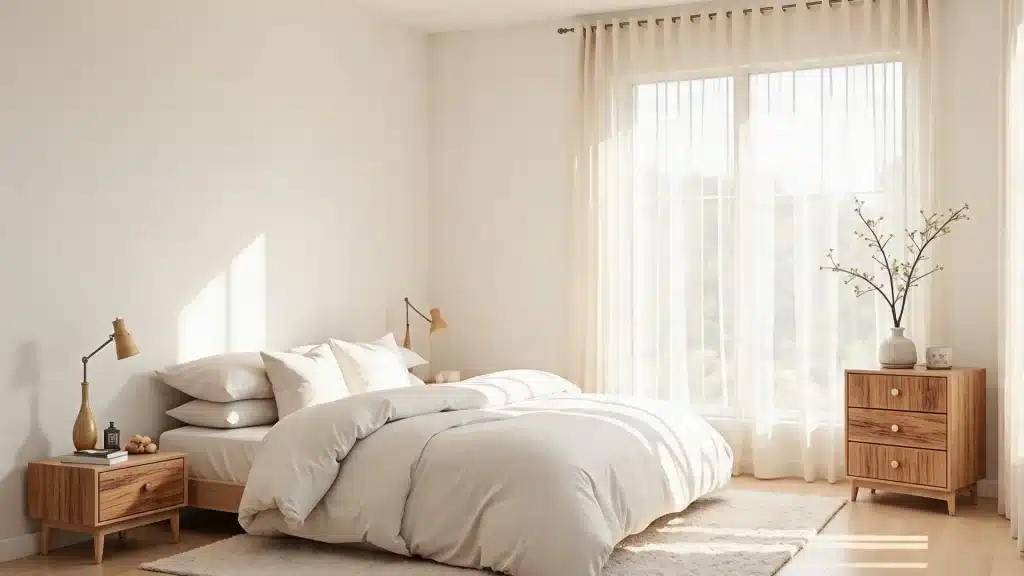 _A clean bedroom featuring a neatly made bed, a nightstand, and a window allowing natural light to enter