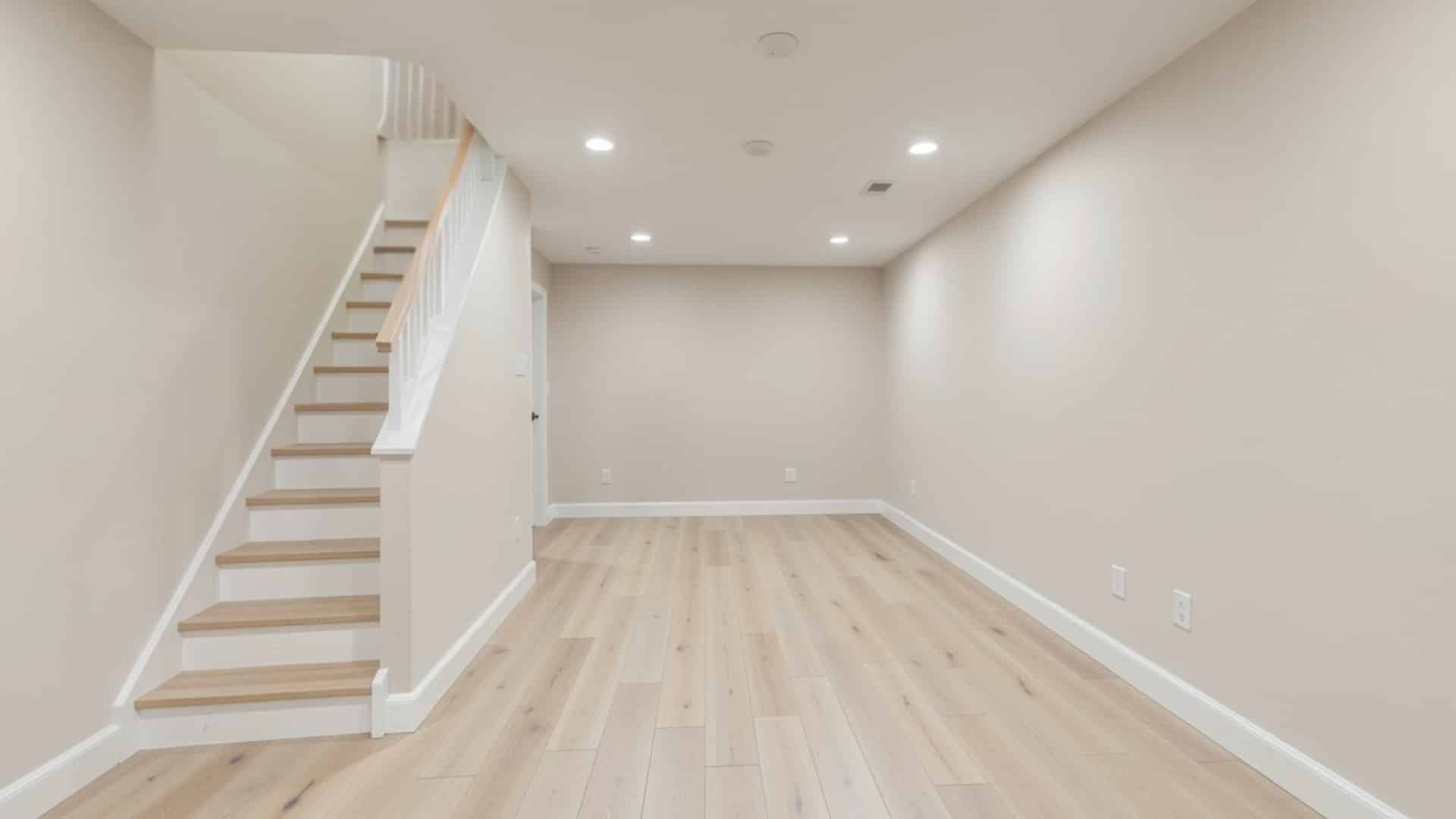 A clean, empty basement room featuring hardwood floors and a staircase (2)
