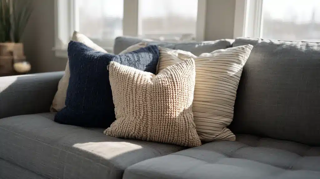 A close up view of textured throw pillows in navy blue, cream boucle, and cream pinstripe resting on a gray fabric sofa near a bright window.