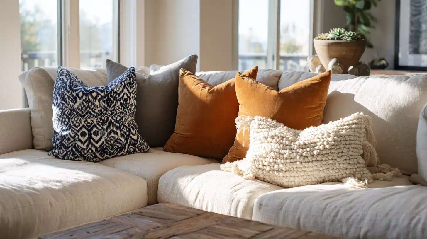 A close up view of throw pillows in navy ikat, gray, burnt orange velvet, and cream textured wool resting on a light beige sectional sofa near a bright window.