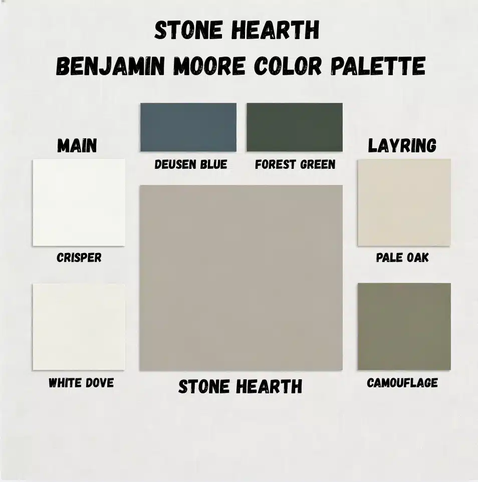 A color palette featuring various shades inspired by natural stone hearths, showcasing earthy tones and textures