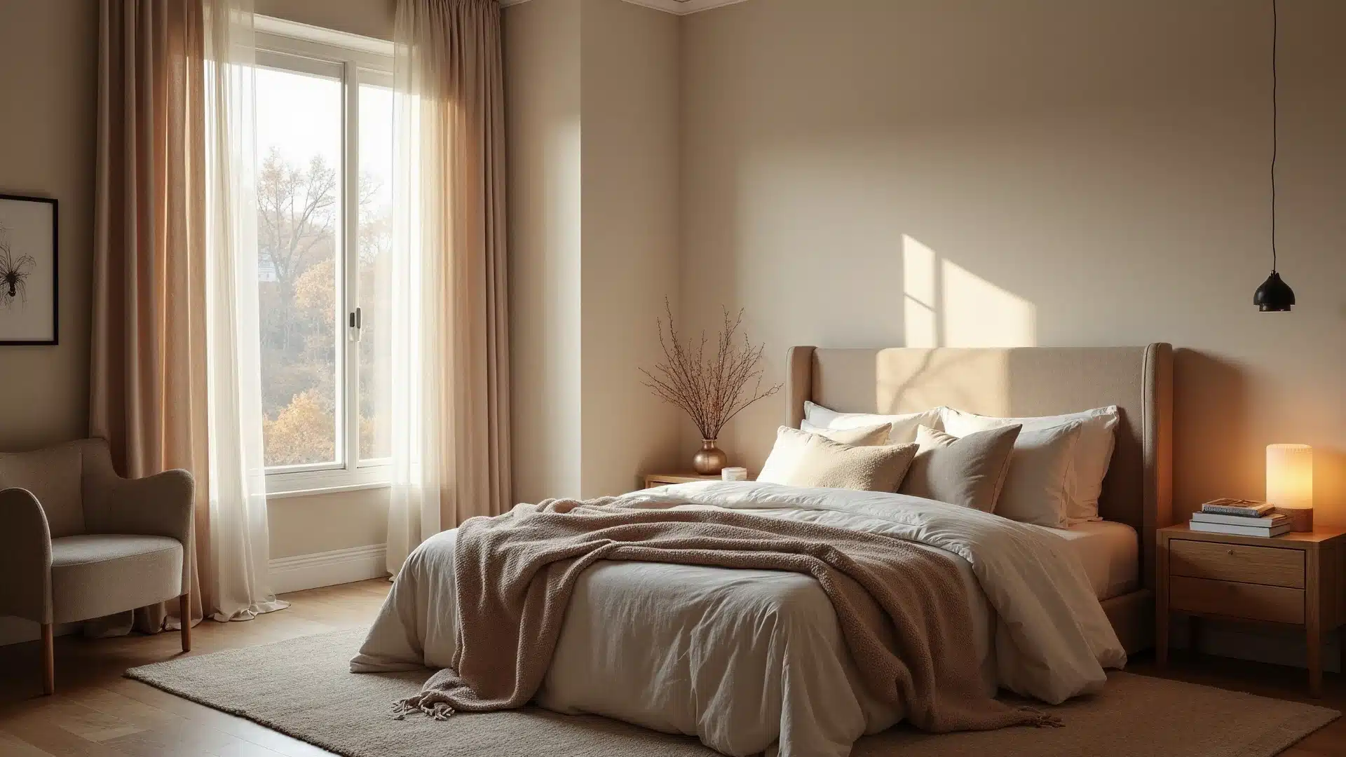 A cozy bedroom featuring a bed, a window allowing natural light, and a small table beside the bed (1)