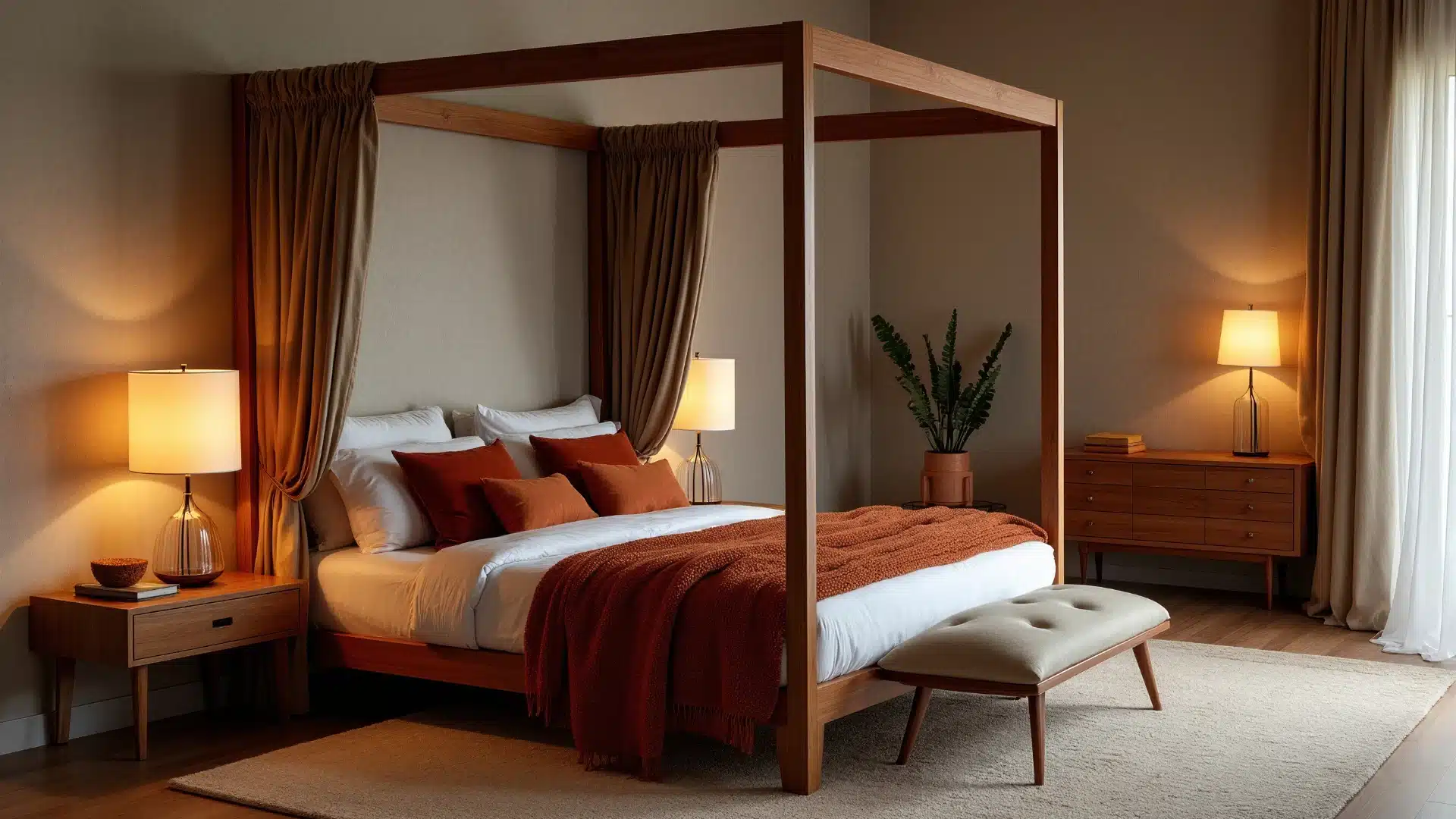 A cozy bedroom featuring a canopy bed, a nightstand, and a lamp, creating a warm and inviting atmosphere