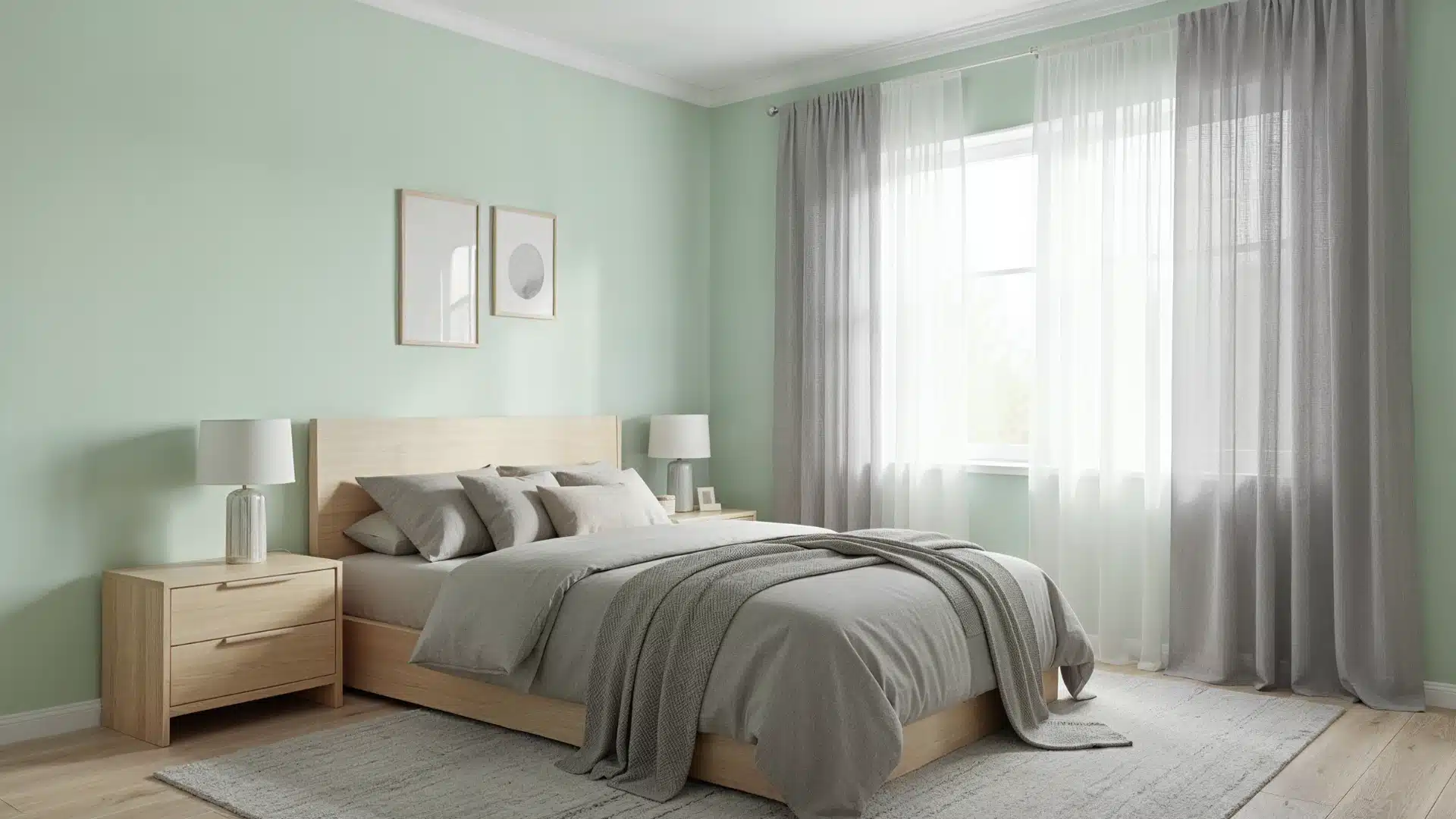 A cozy bedroom featuring a green wall and a neatly made bed, creating a tranquil atmosphere (1)