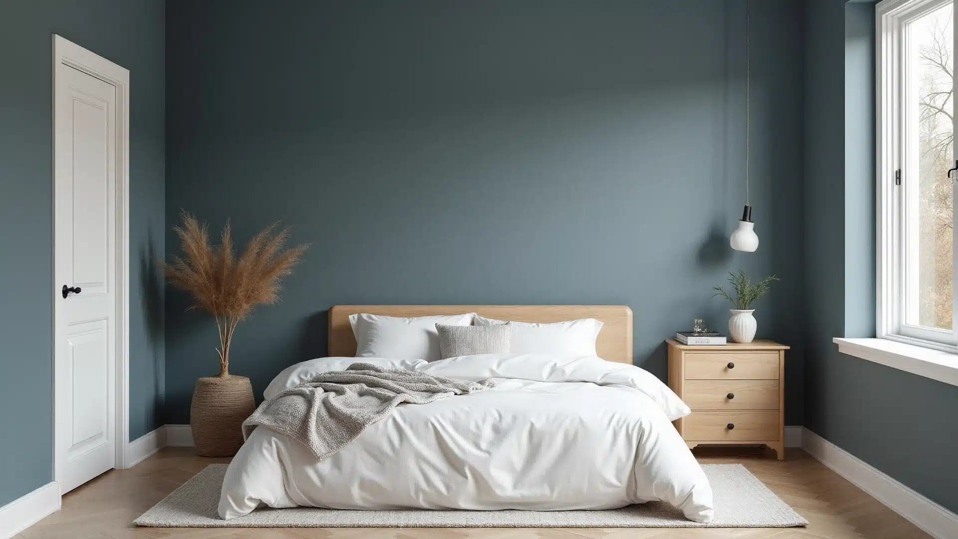 A cozy bedroom featuring blue walls and a neatly made bed, creating a serene atmosphere