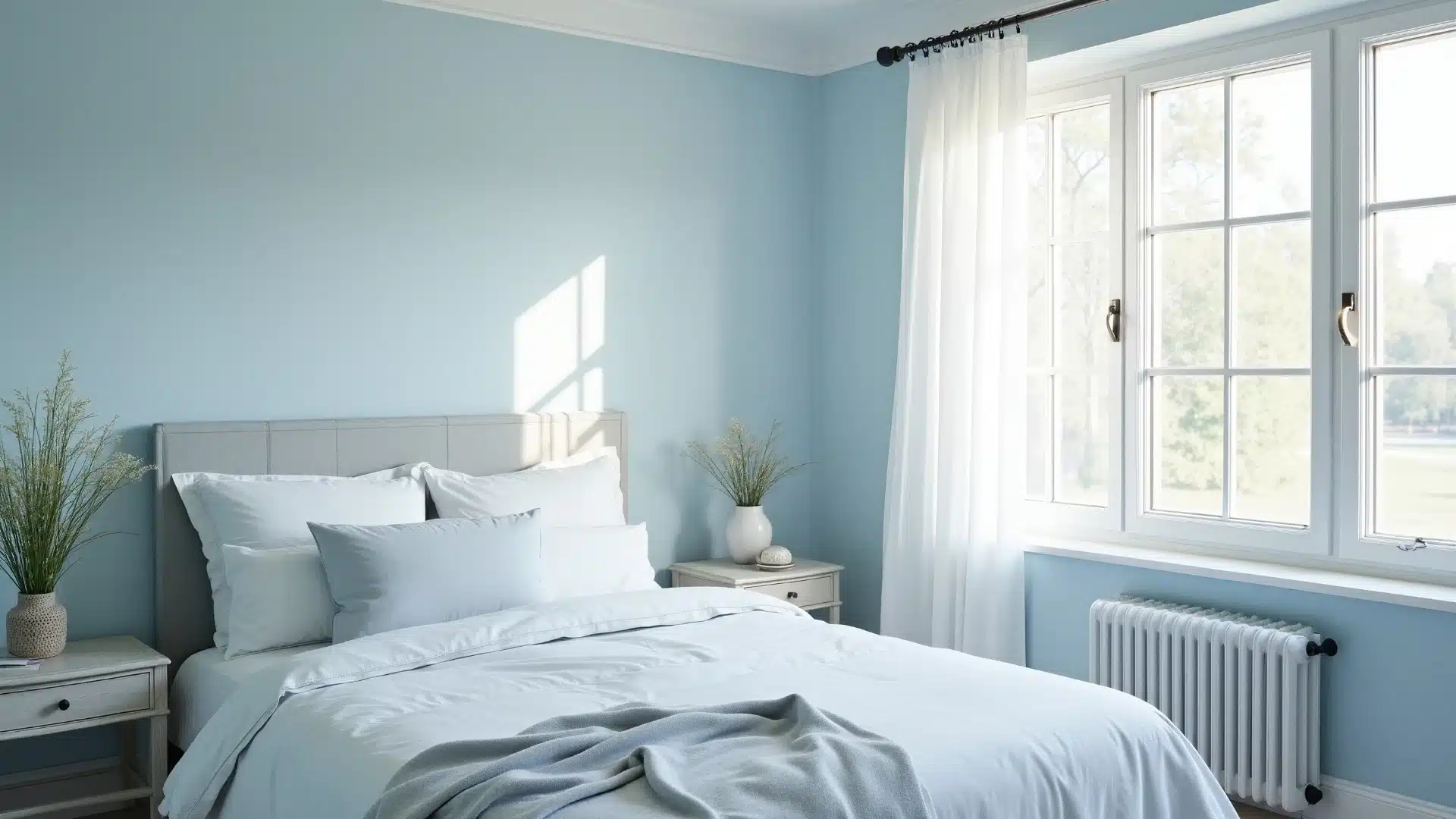 A cozy bedroom featuring blue walls and a neatly made white bed