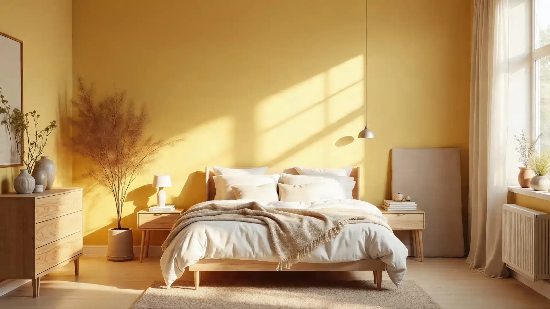 A cozy bedroom featuring bright yellow walls and a neatly made bed in the center