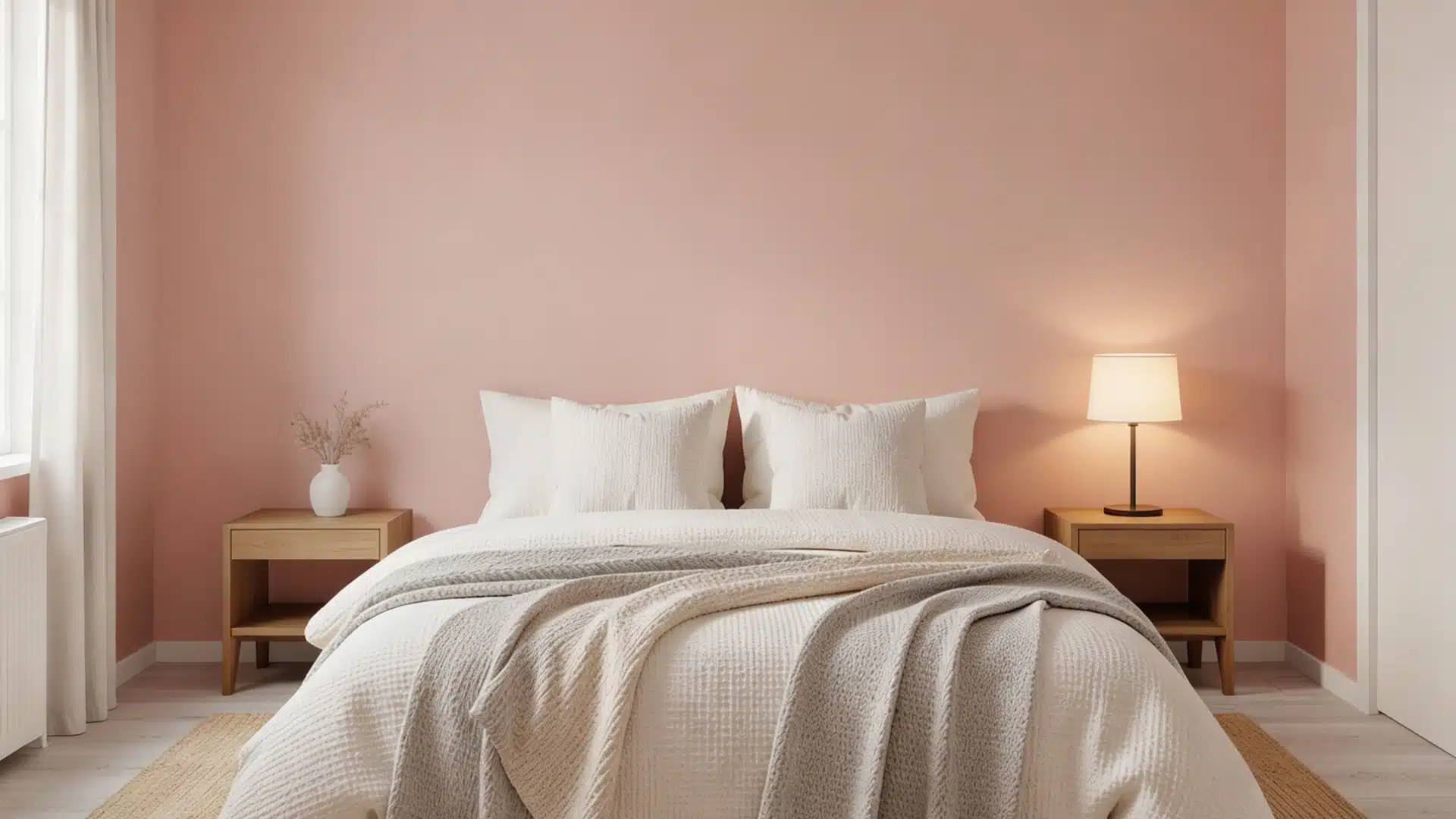 A cozy bedroom featuring pink walls and a neatly made bed, creating a warm and inviting atmosphere