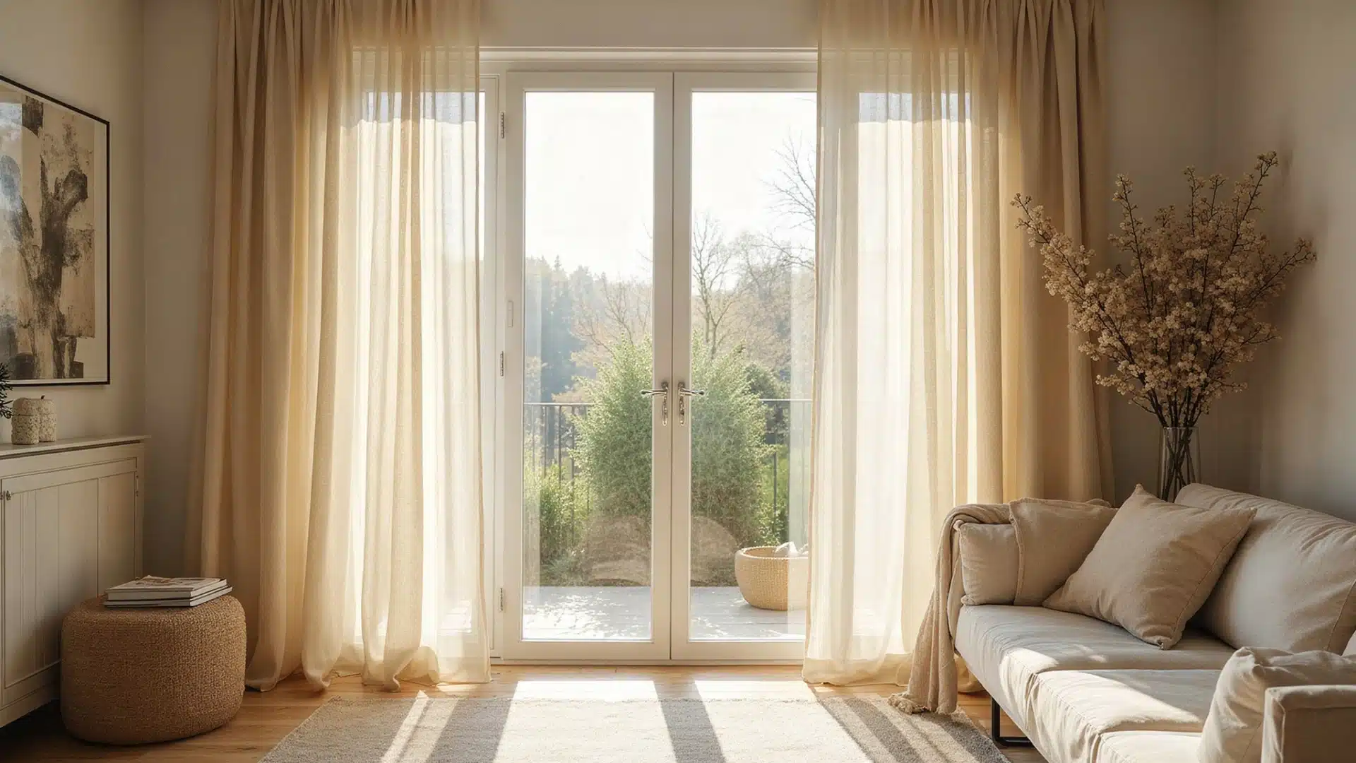 A cozy living room featuring a comfortable couch and elegant curtains framing a window (1)