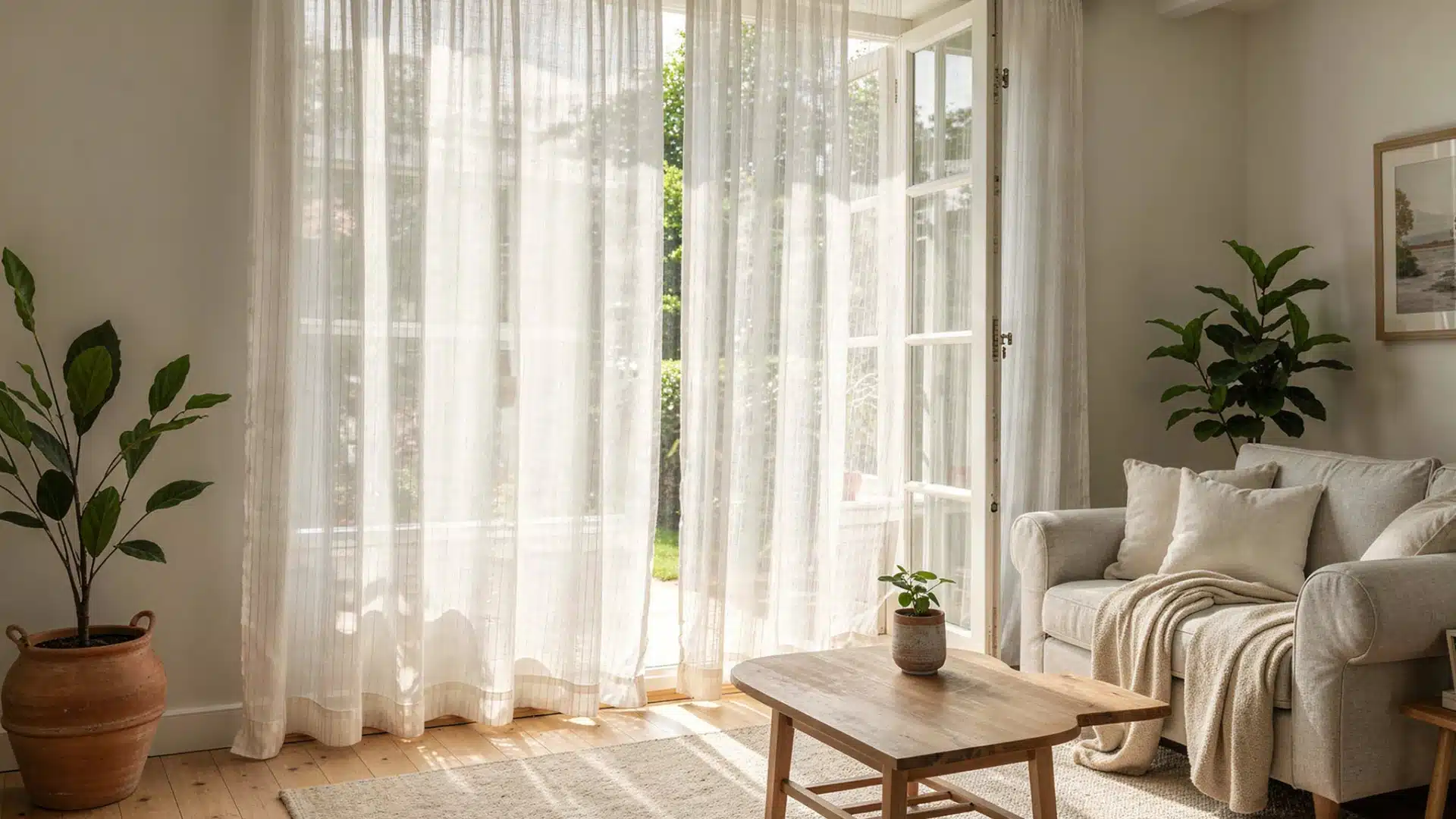 A cozy living room featuring a couch and a large window allowing natural light to enter the space