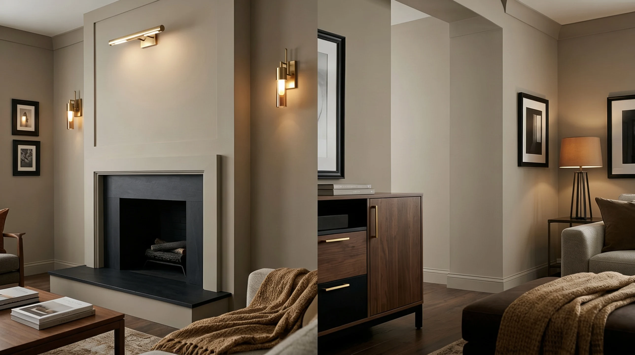 A cozy living room featuring a fireplace and a comfortable couch, creating a warm and inviting atmosphere