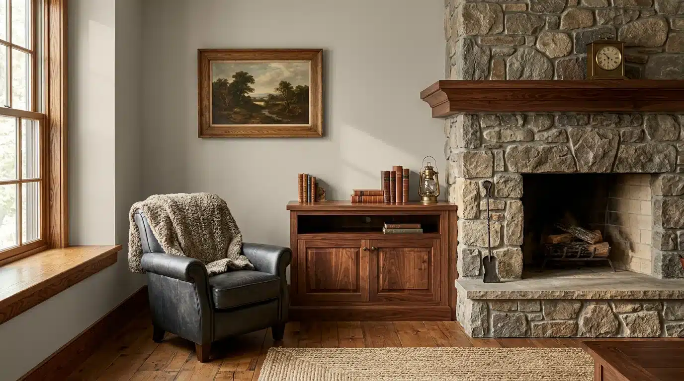 A cozy living room featuring a stone fireplace and a comfortable chair, creating a warm and inviting atmosphere