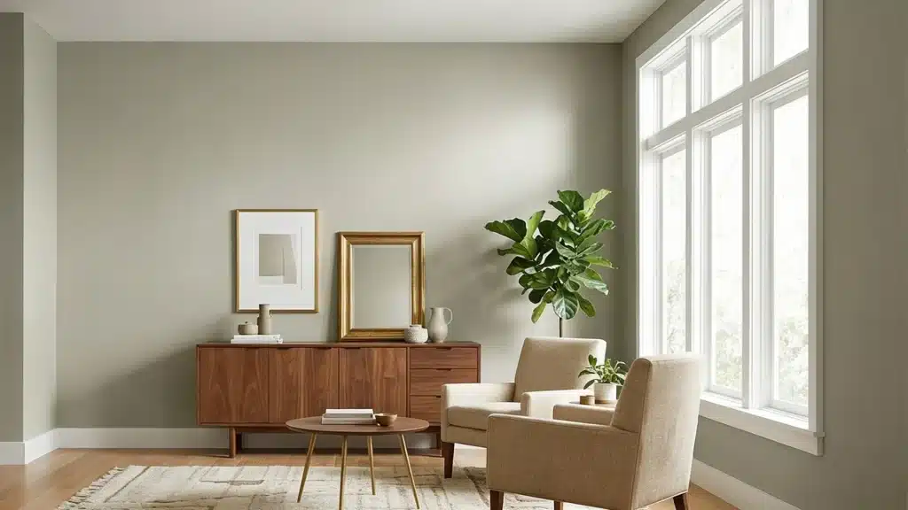 A cozy living room painted in stone hearth benjamin moore featuring a patterned rug and two comfortable chairs arranged for conversation