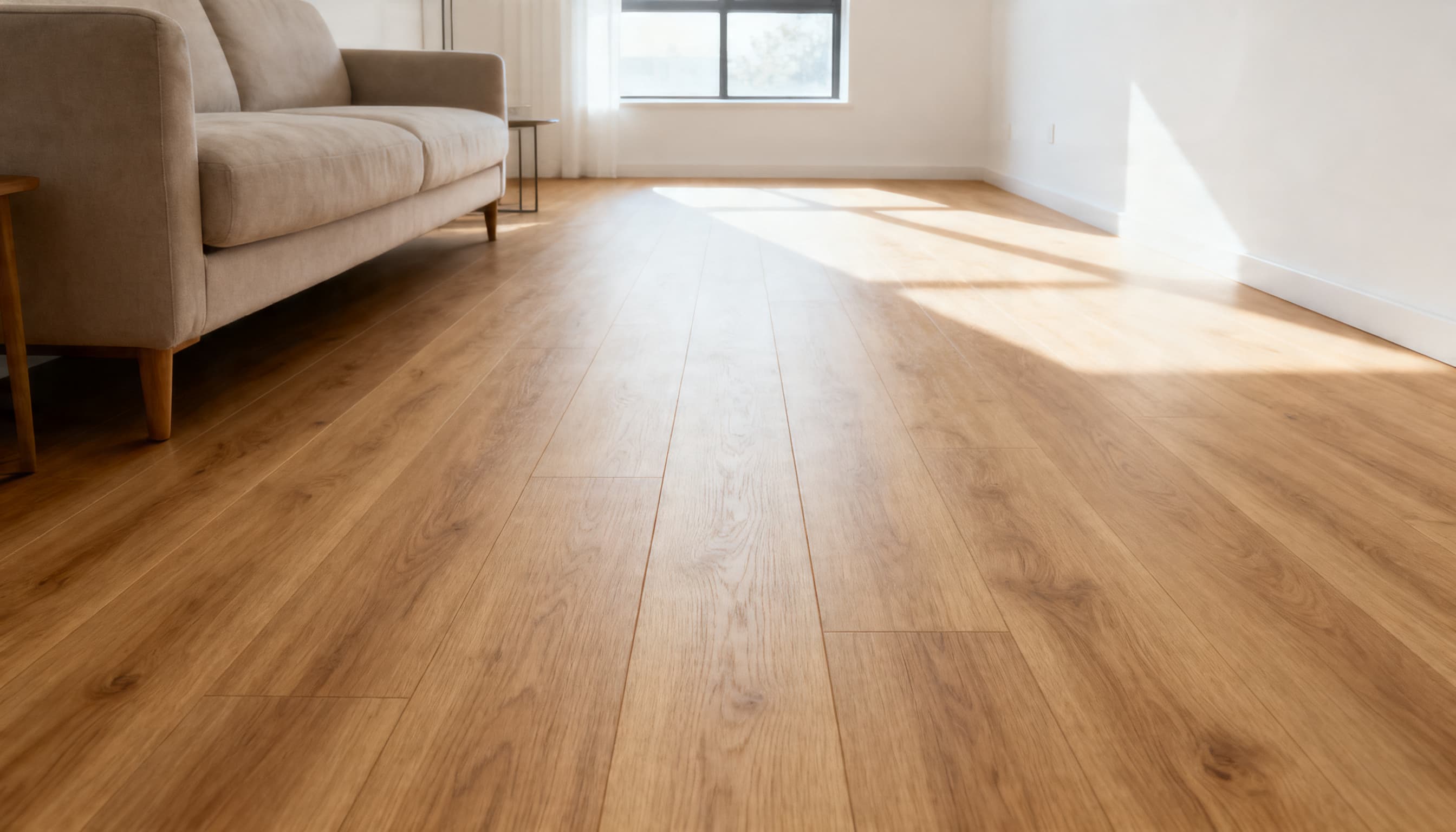 A cozy room featuring wooden floors and a comfortable couch, creating a warm and inviting atmosphere