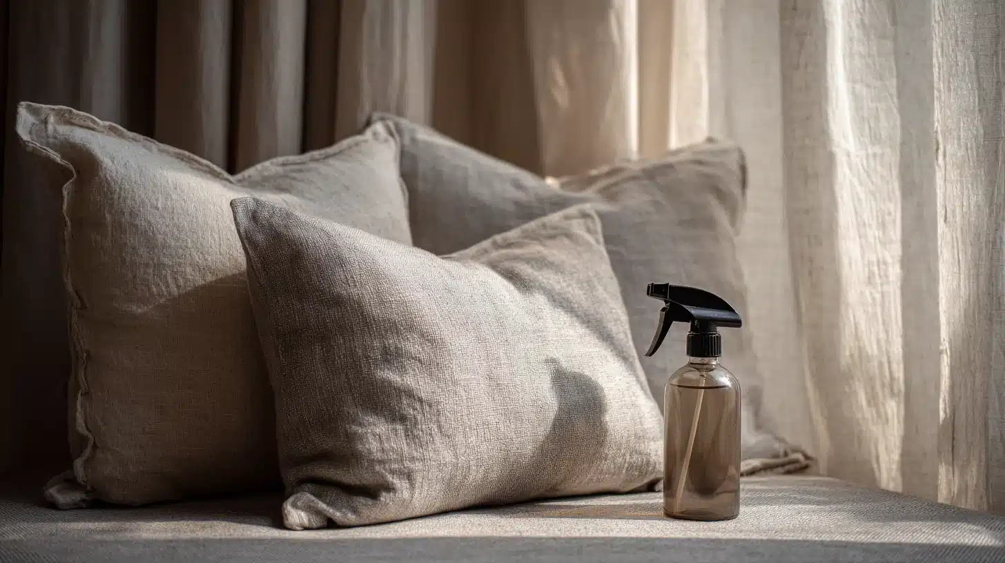 A dark amber spray bottle sits beside textured, beige linen pillows near sheer, sunlit curtains.