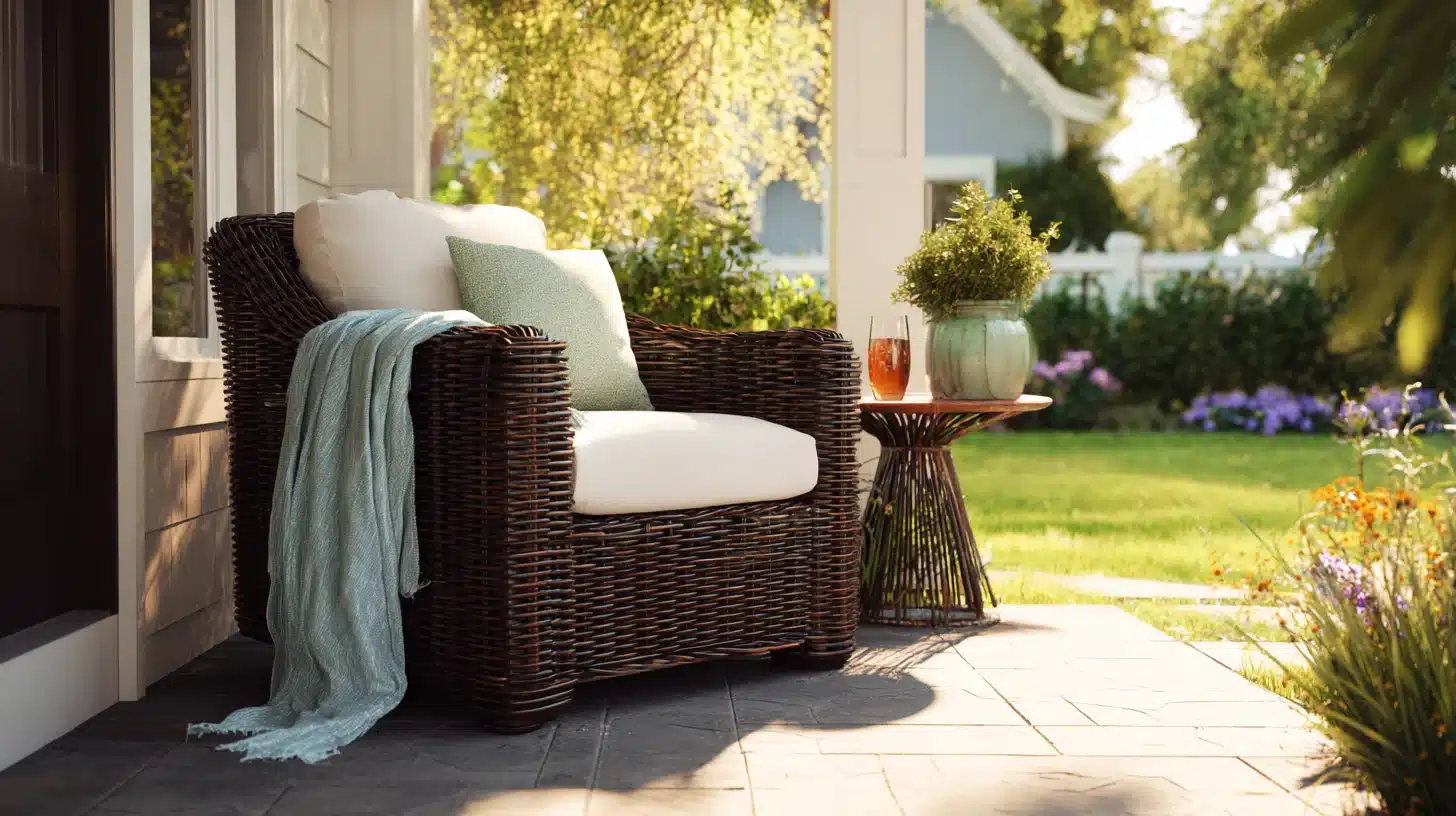 A dark brown wicker armchair with white cushions and a blue throw sits on a stone patio next to a small table with a drink and potted plant, overlooking a sunny backyard.