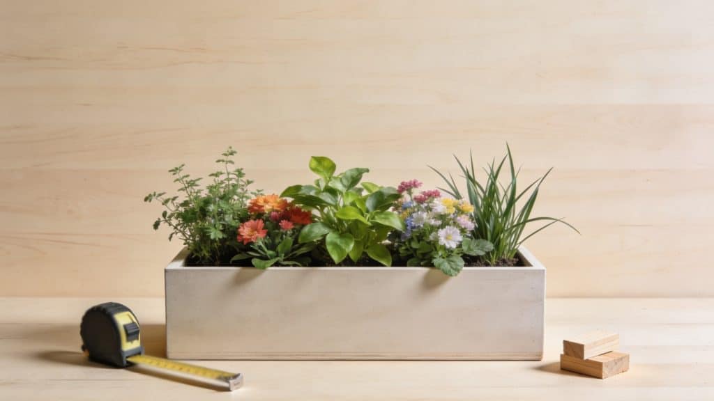 A DIY planter with various flowers and plants arranged on a wooden table, highlighting a natural vibe