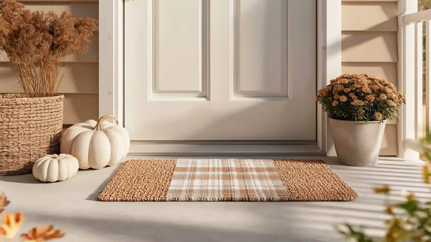 A fall decorated front porch featuring a plaid doormat, white pumpkins, dried grasses in a woven basket, and an orange mum plant next to a white door.