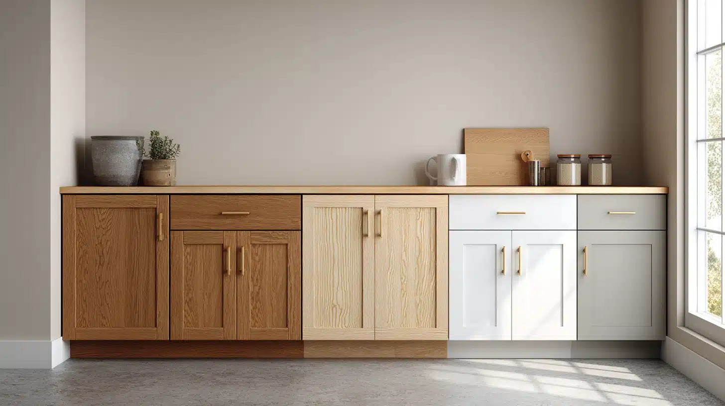 A kitchen base cabinet display showcasing four different finishes dark oak, light wood grain, white shaker, and light gray, all topped with a light wood countertop.
