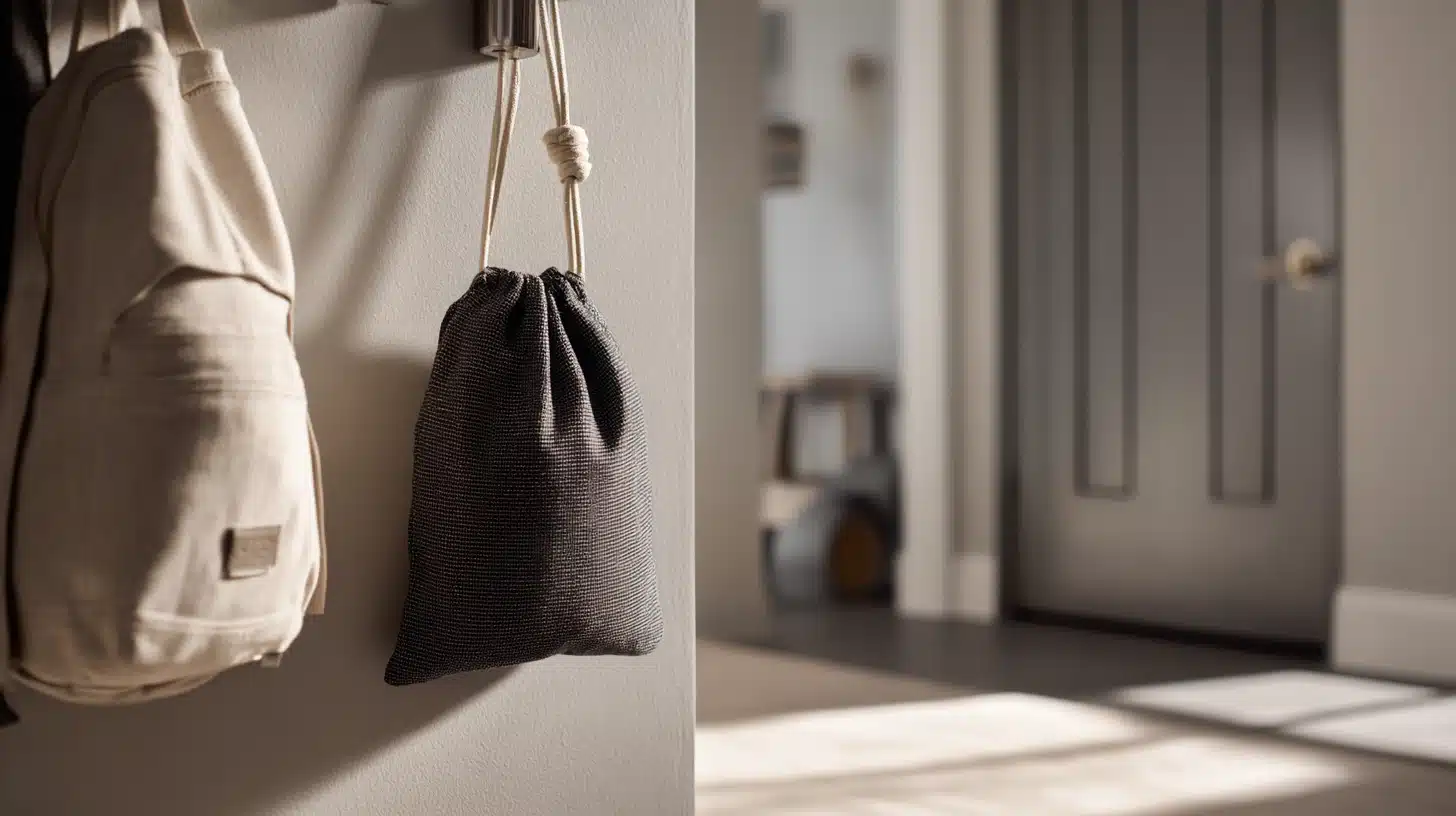 A light colored backpack and a dark drawstring activated charcoal pouch hang on a wall hook beside an entryway with a blurred grey door in the background.