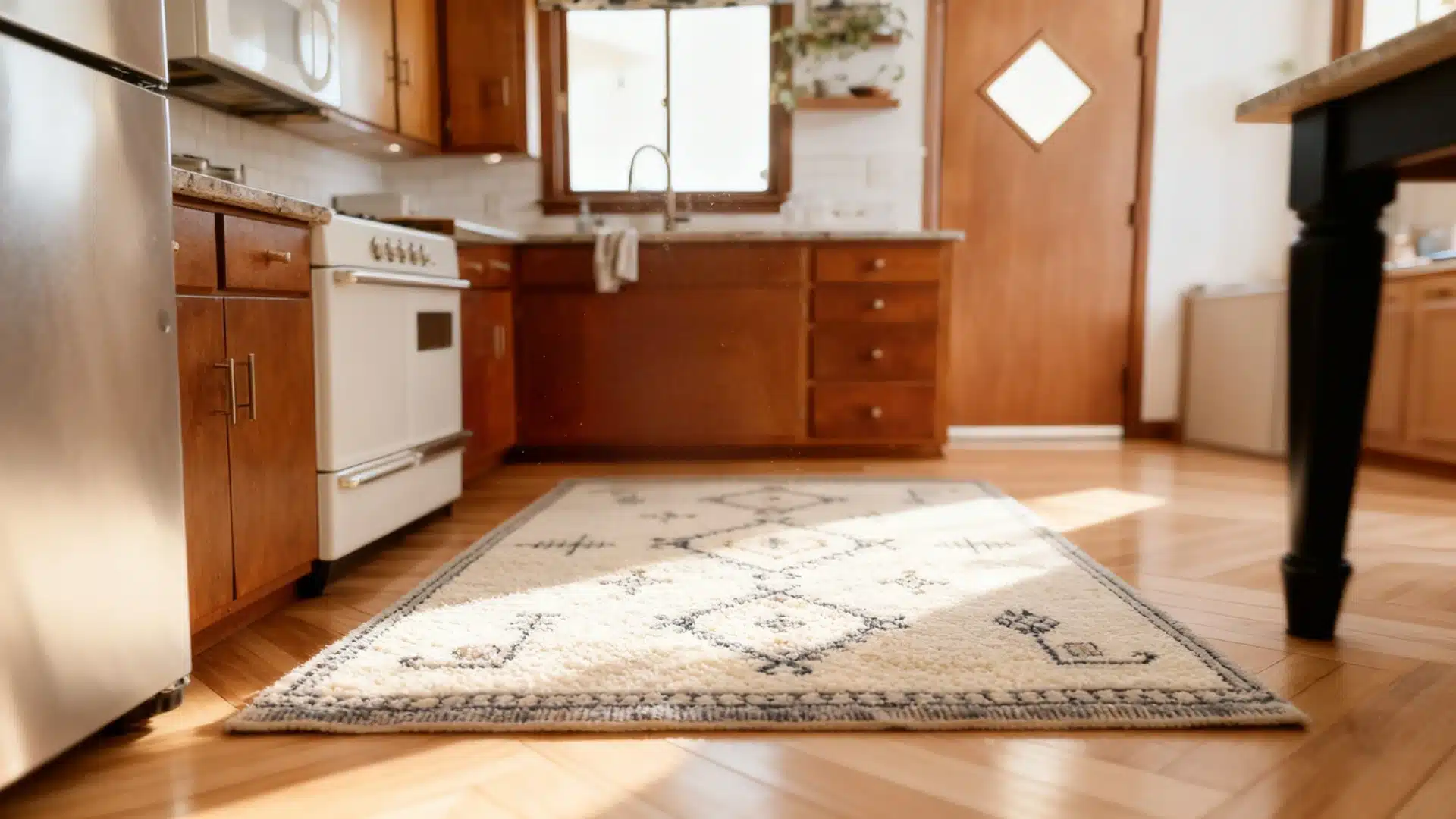 A low angle view of a cream Moroccan style rug with dark geometric patterns centered on a shiny, light wood herringbone floor in a kitchen featuring warm wooden cabinets and stainless steel appliances.
