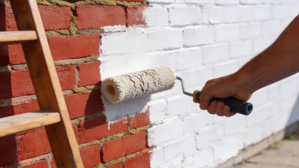 A man using a roller to paint a brick wall in a vibrant color, focused on his task