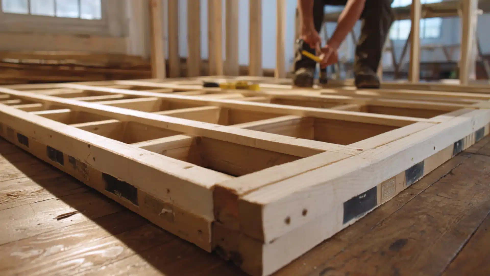 A man works on a timber frame laying flat on a floor to show how to frame a wall in a bright house construction project (1)