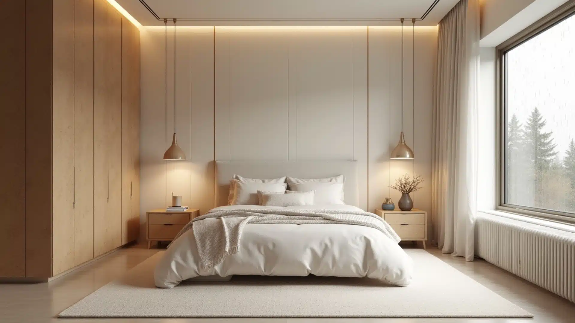 A modern bedroom featuring a neatly made bed and a stylish lamp beside it, creating a cozy atmosphere