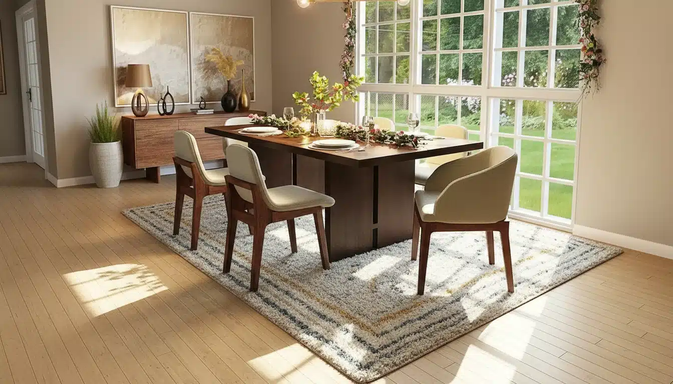 A modern dining room features a dark wood table set on a white shag rug with yellow and gray accents, positioned before a large grid paned window overlooking greenery.
