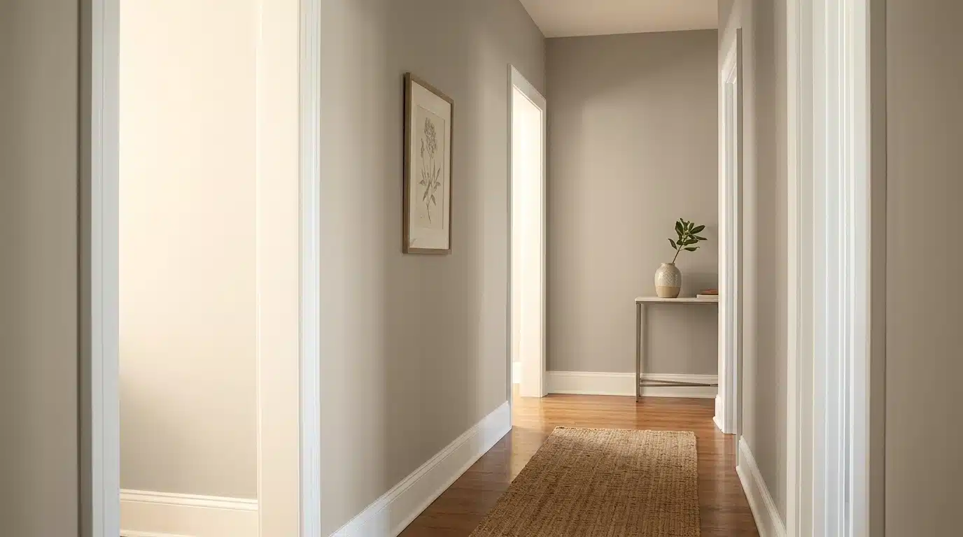 A narrow hallway features warm greige walls, white trim, hardwood floors, and a jute runner leading toward a console table with a vase of greenery
