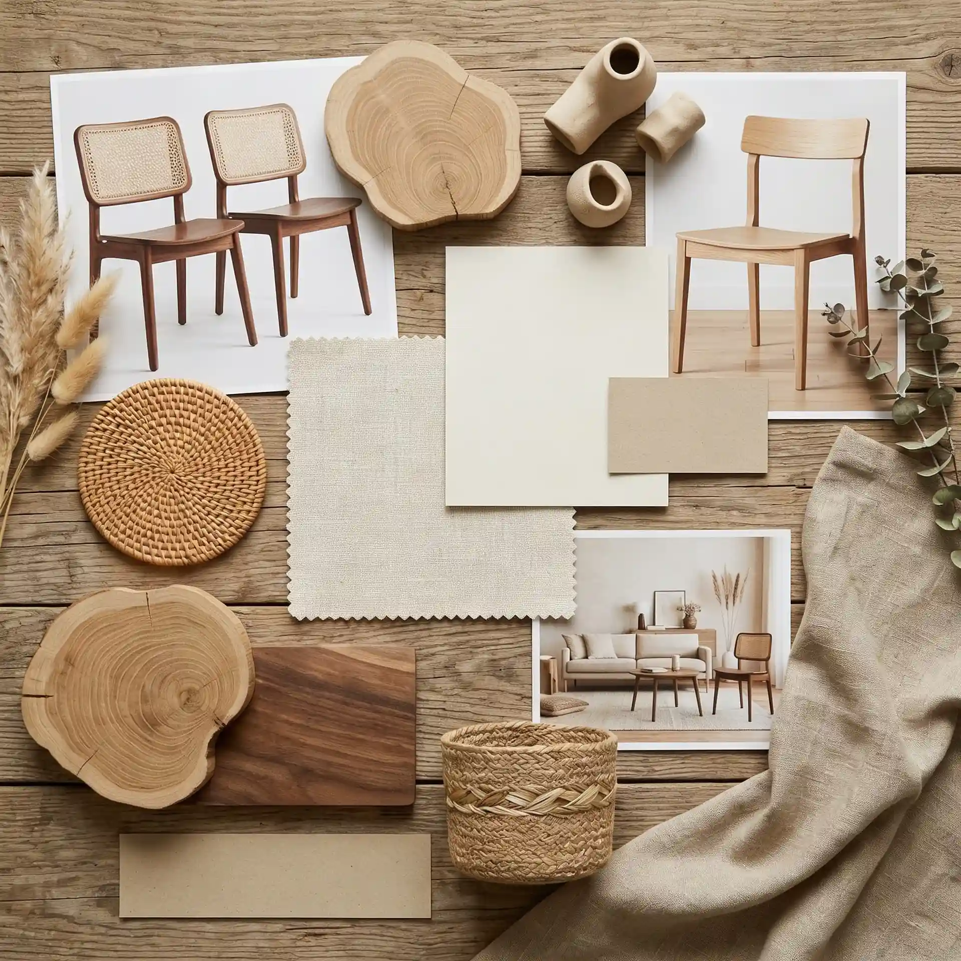 A natural materials mood board featuring wooden chairs, fabric swatches, wood slices, wicker textures, ceramic vases, and eucalyptus on a rustic wooden background
