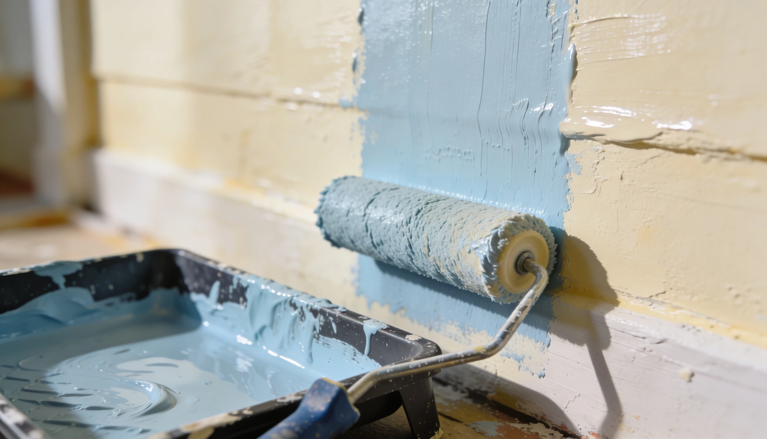 A paint roller applies light blue paint over a textured pale yellow wall with a paint tray filled with blue paint visible in the foreground