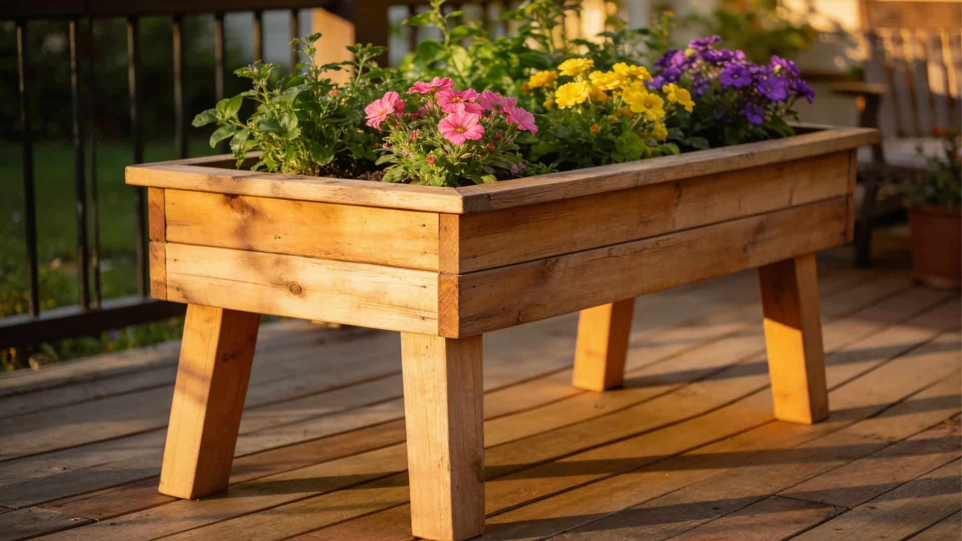 A raised wooden planter filled with vibrant flowers, showcasing a natural and decorative garden element