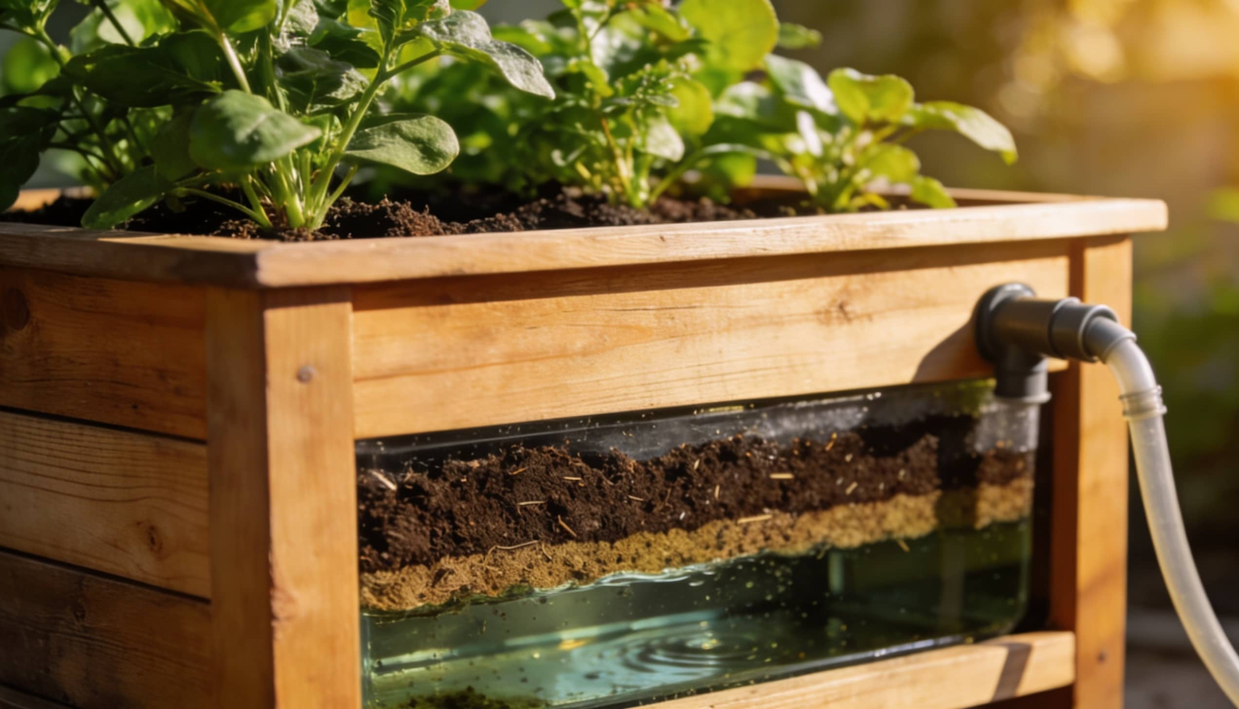A rustic wooden planter containing soil and a variety of healthy plants growing