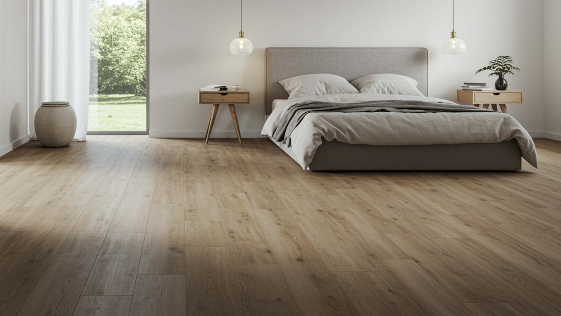 A serene bedroom with polished wood floors and a comfortable bed, designed for relaxation and rest.