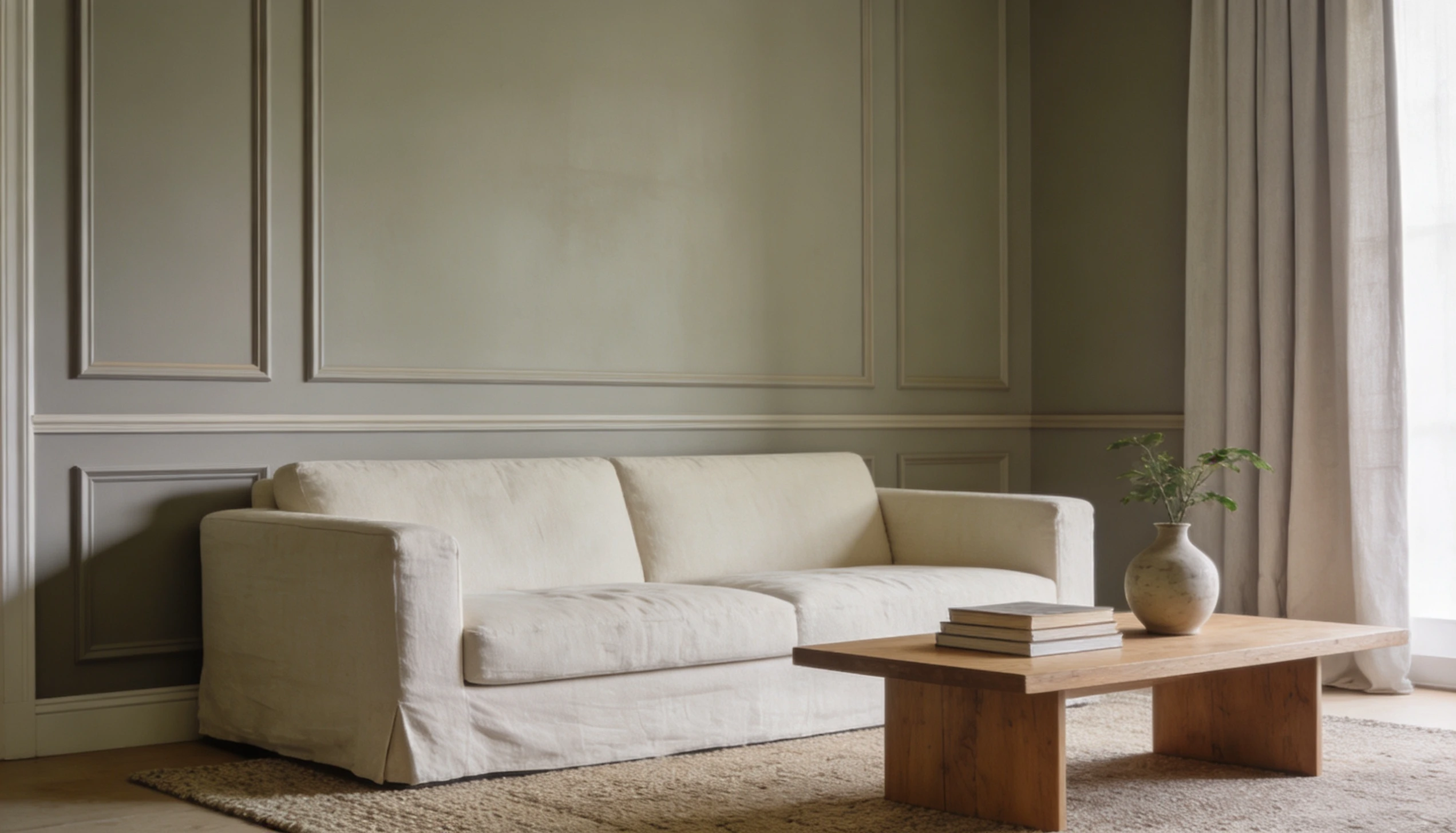 A serene living room features a cream slipcovered sofa against a sage green paneled wall, with a rustic wooden coffee table.