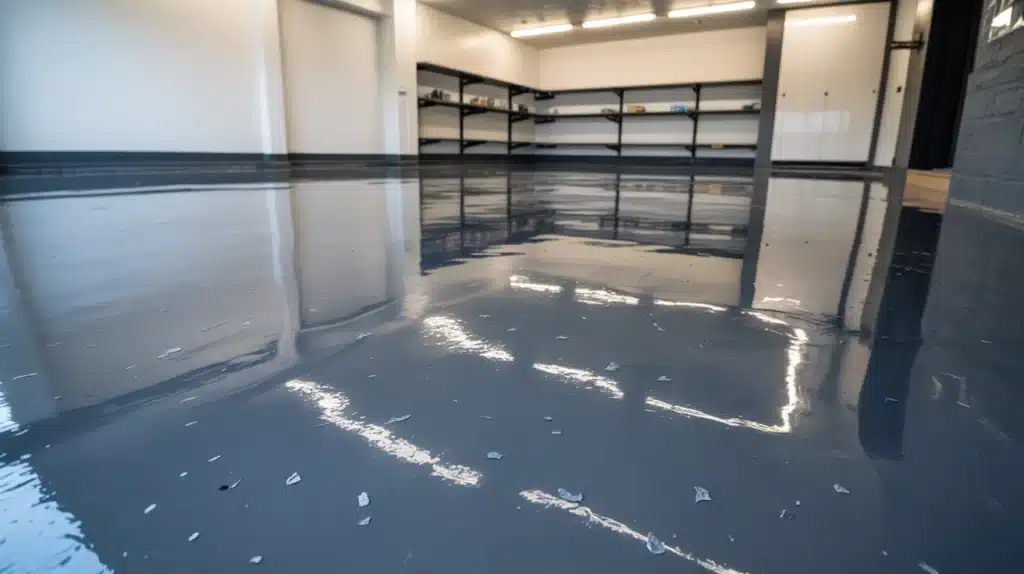 A shiny epoxy garage floor with a central shelf, reflecting light and enhancing the space's modern appearance