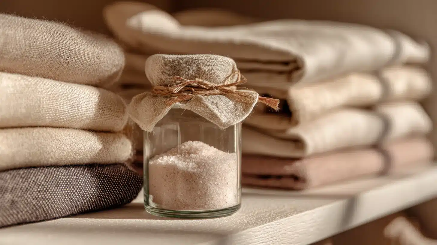 A small glass jar filled with pink bath salts sits in front of neatly stacked, natural toned linen towels on a shelf.
