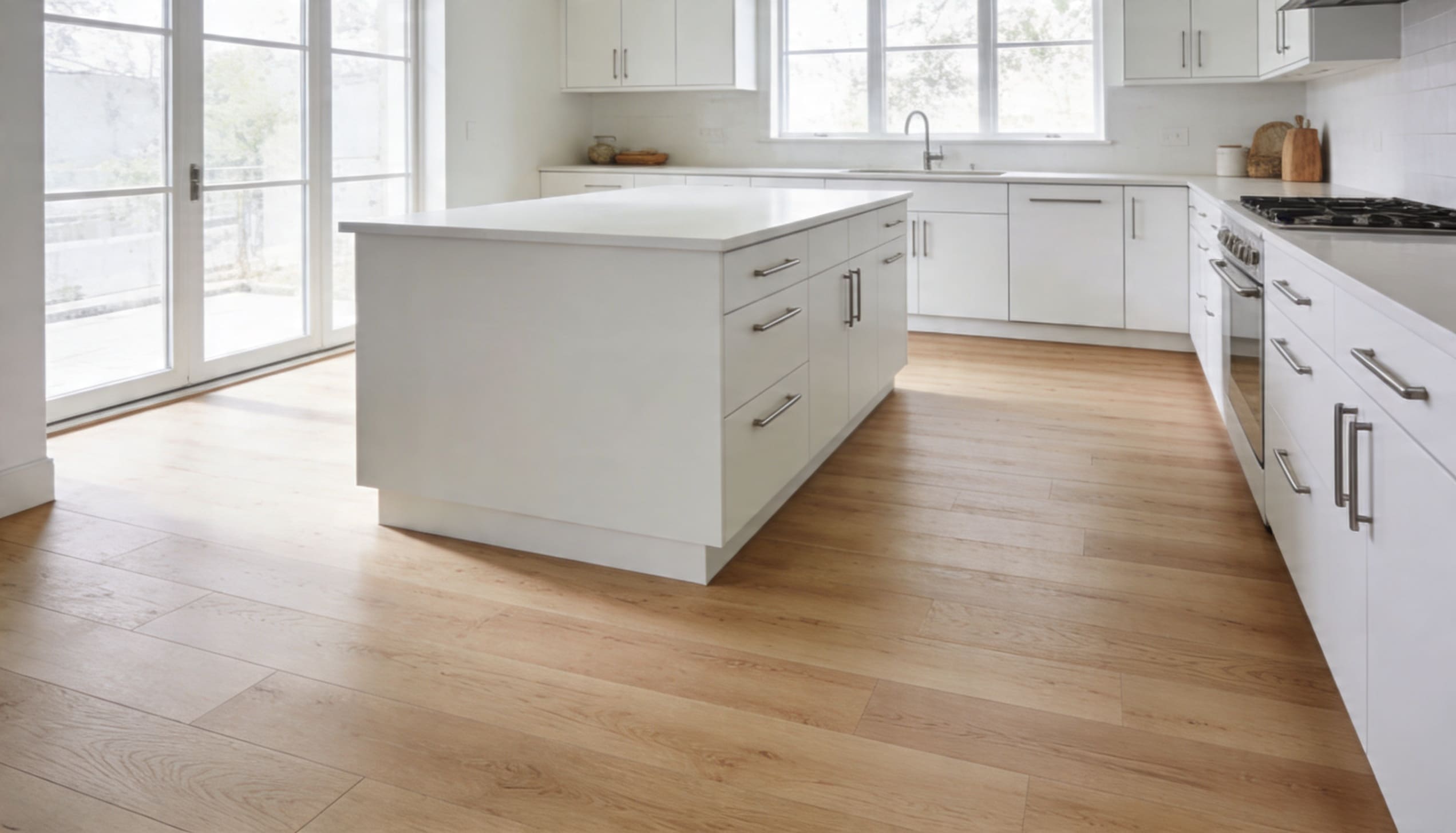 A spacious white kitchen with polished wooden floors, emphasizing a fresh and inviting atmosphere.