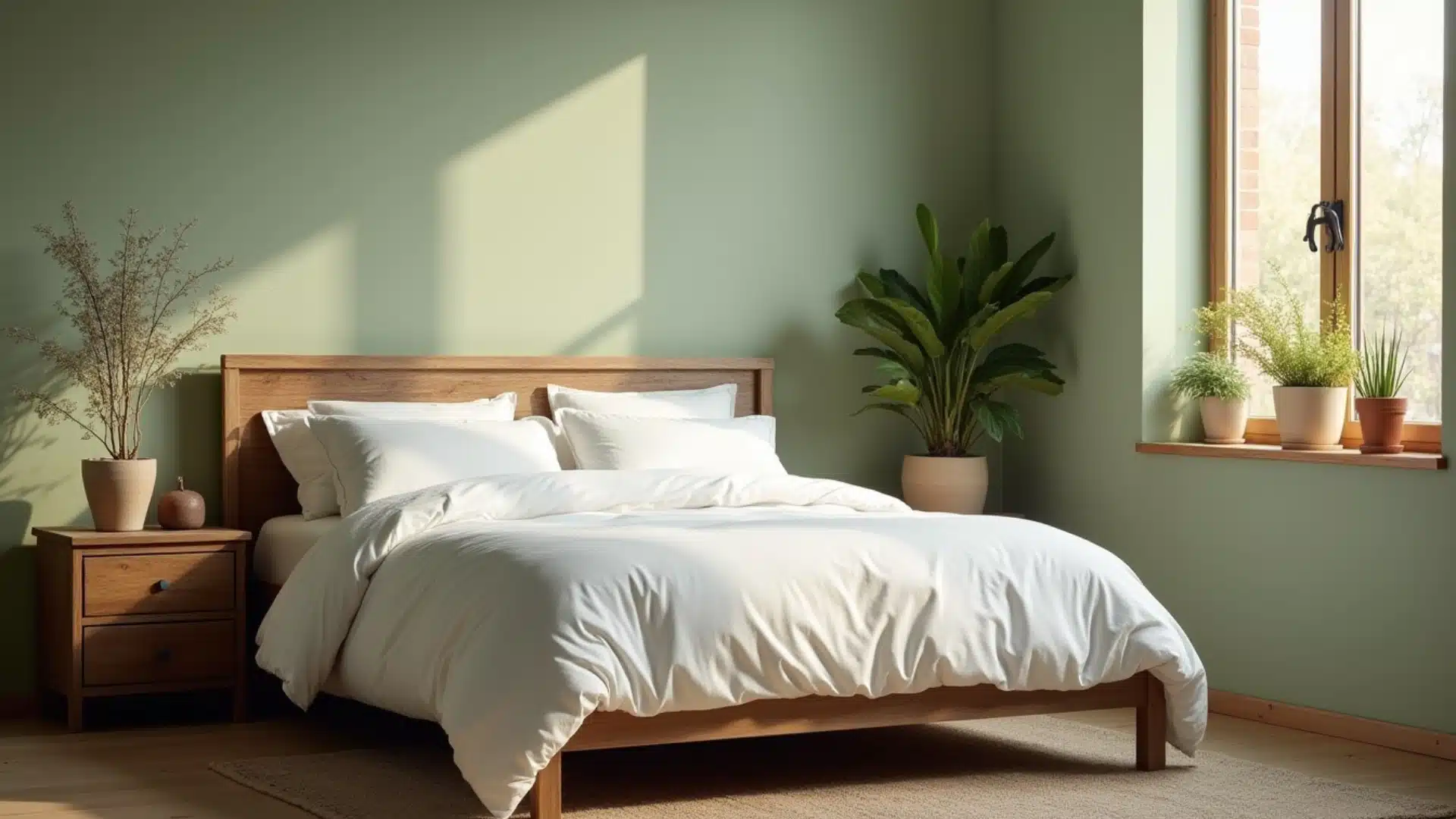 A stylish bedroom adorned with green walls and a well-arranged bed, enhancing the room's calming ambiance