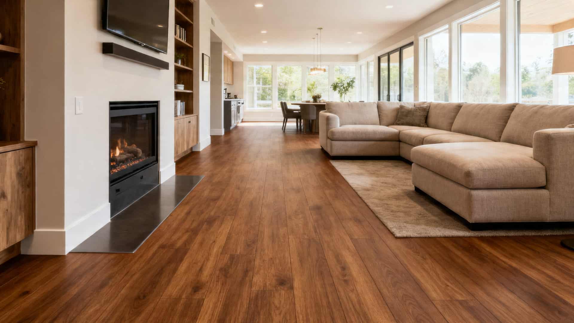 A stylish living room with polished wood floors and a classic fireplace, enhancing the room's charm.