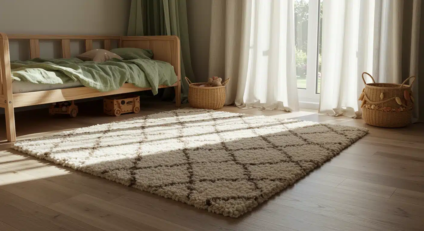 A sunlit nursery room features a wooden toddler bed with green linen bedding, a shaggy Berber style rug, and natural woven storage baskets near sheer white curtains.