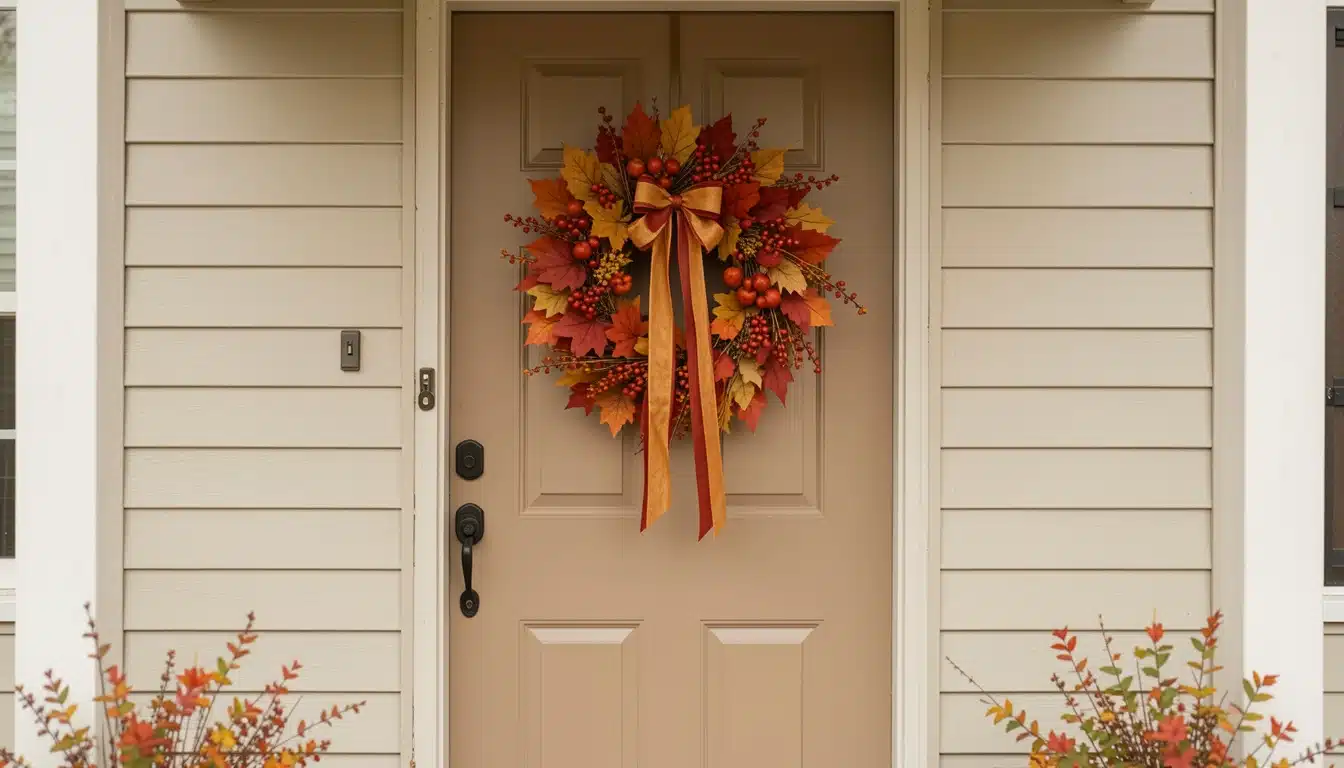 A tan front porch with an autumn wreath of orange leaves, red berries, and a bow. Seasonal flowers flank the entrance, creating a warm, festive tone.