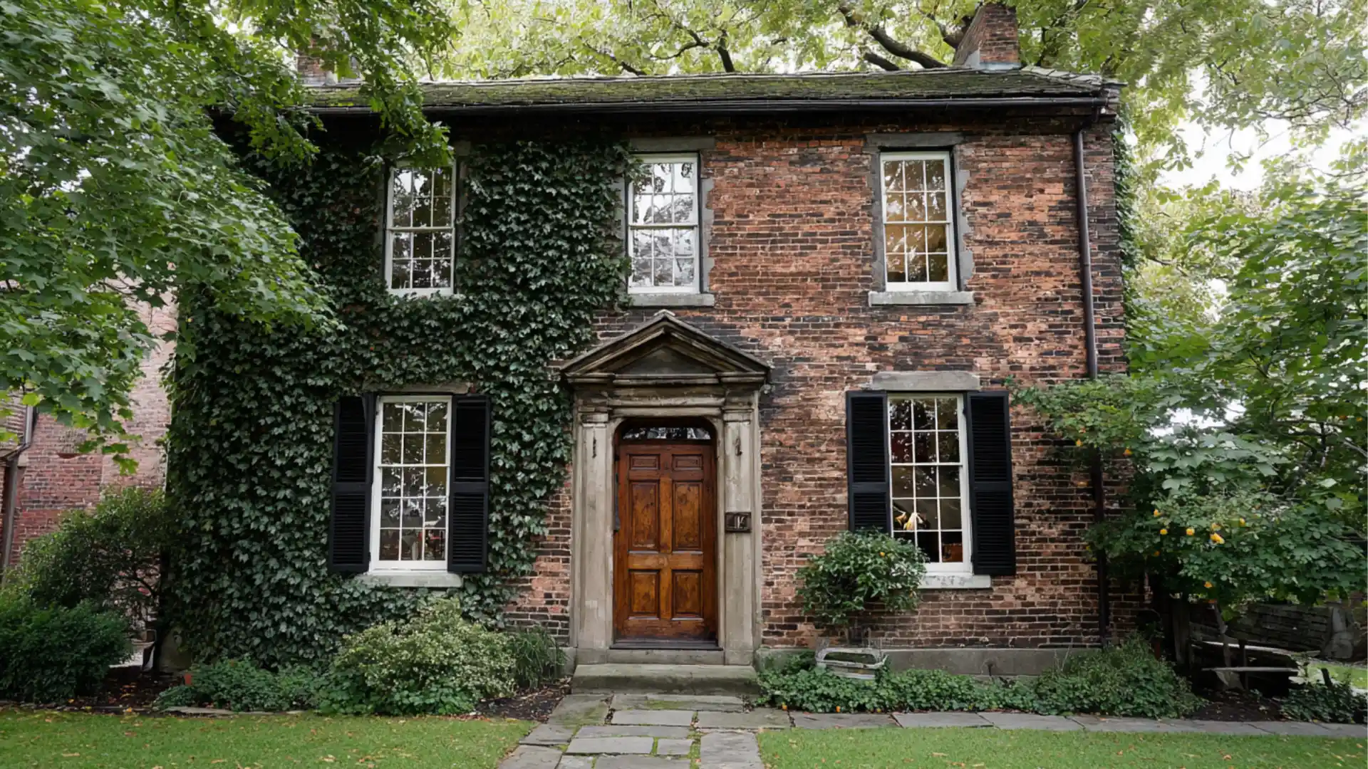 A two story, historic brick house with a dark wood door, white multi pane windows, and extensive ivy covering the left side, surrounded by lush green trees.