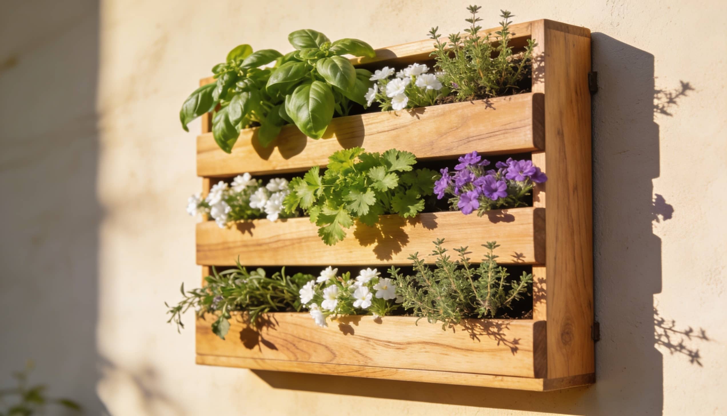 A vertical planter made of wood, mounted on a wall, displaying an assortment of fresh herbs for culinary use