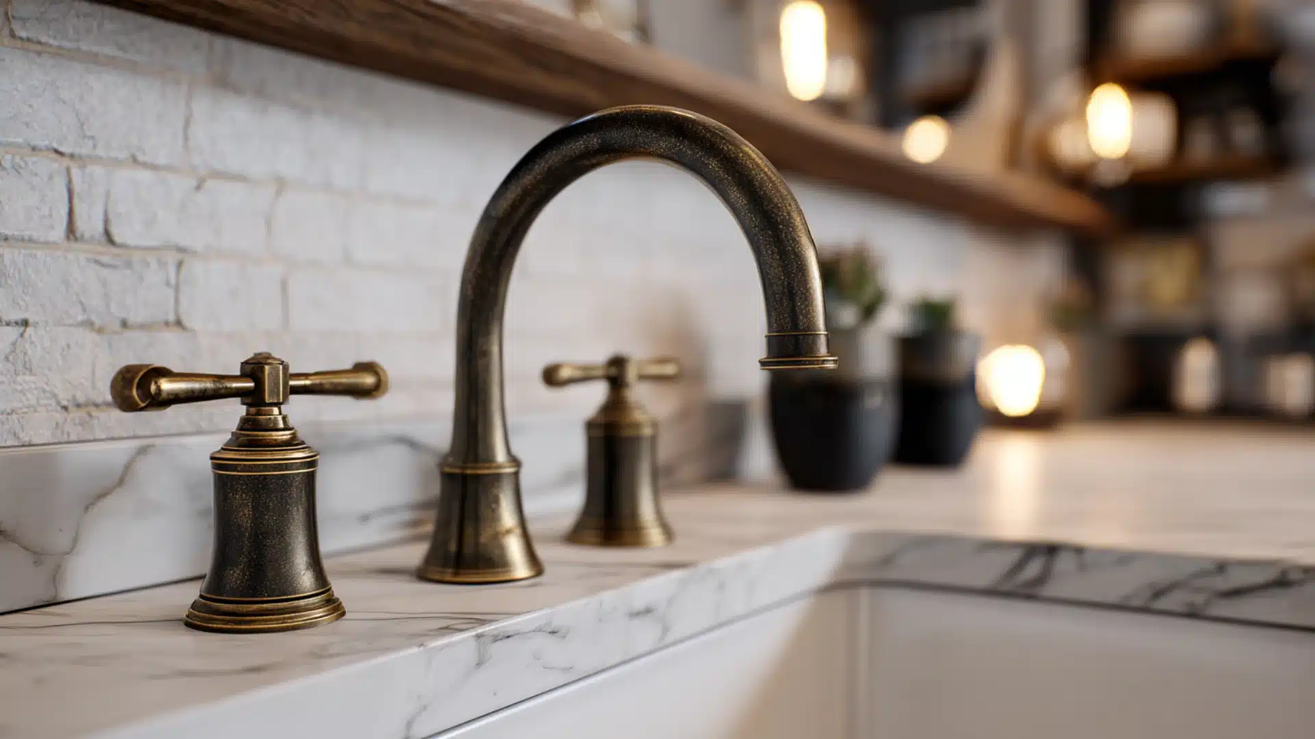 A vintage brass faucet with cross handles sits on a marble counter against a white brick wall for a classic look