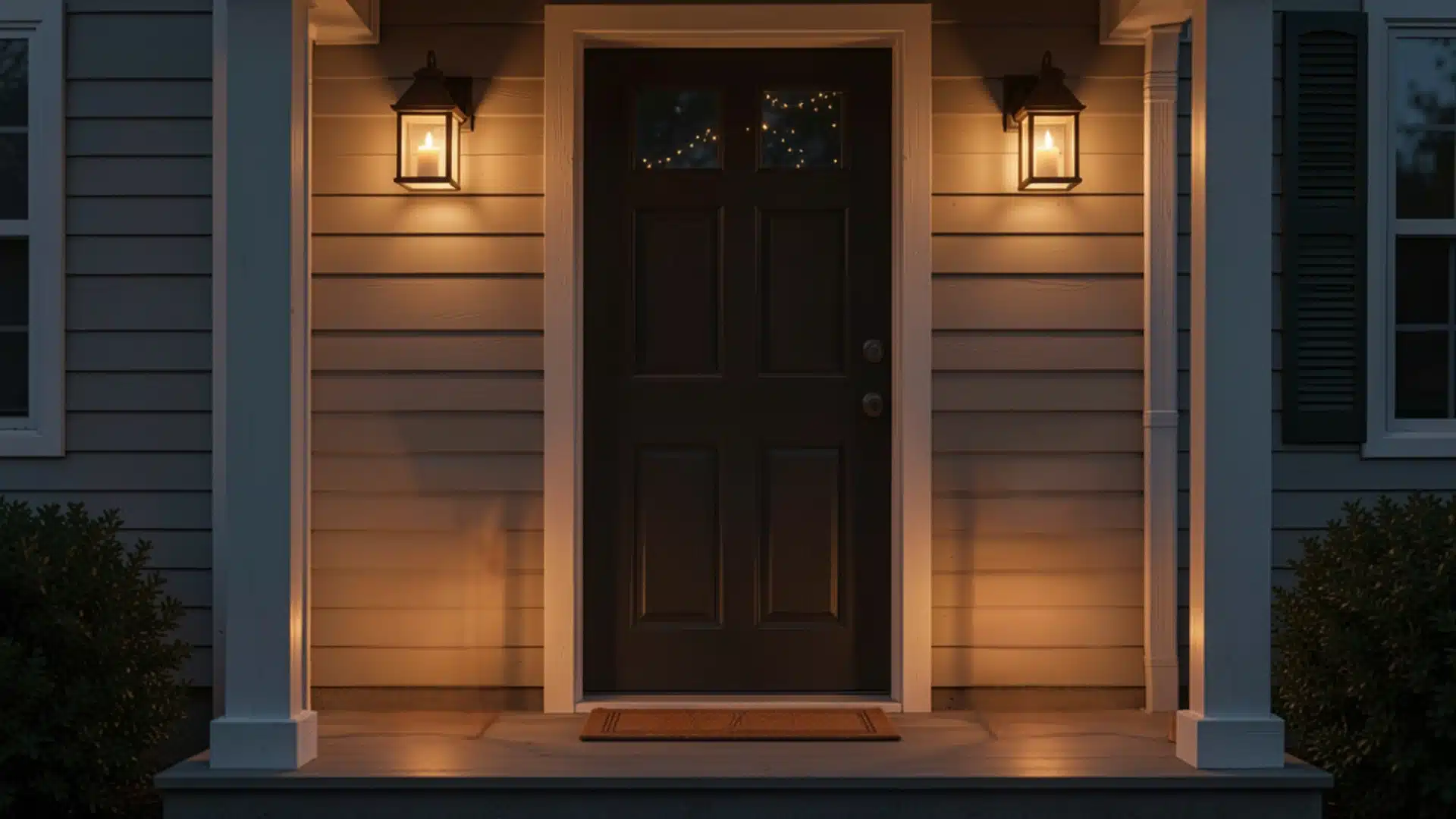A warmly lit porch features a dark front door flanked by two lanterns with lit candles, creating a cozy ambiance. String lights are visible above the door.